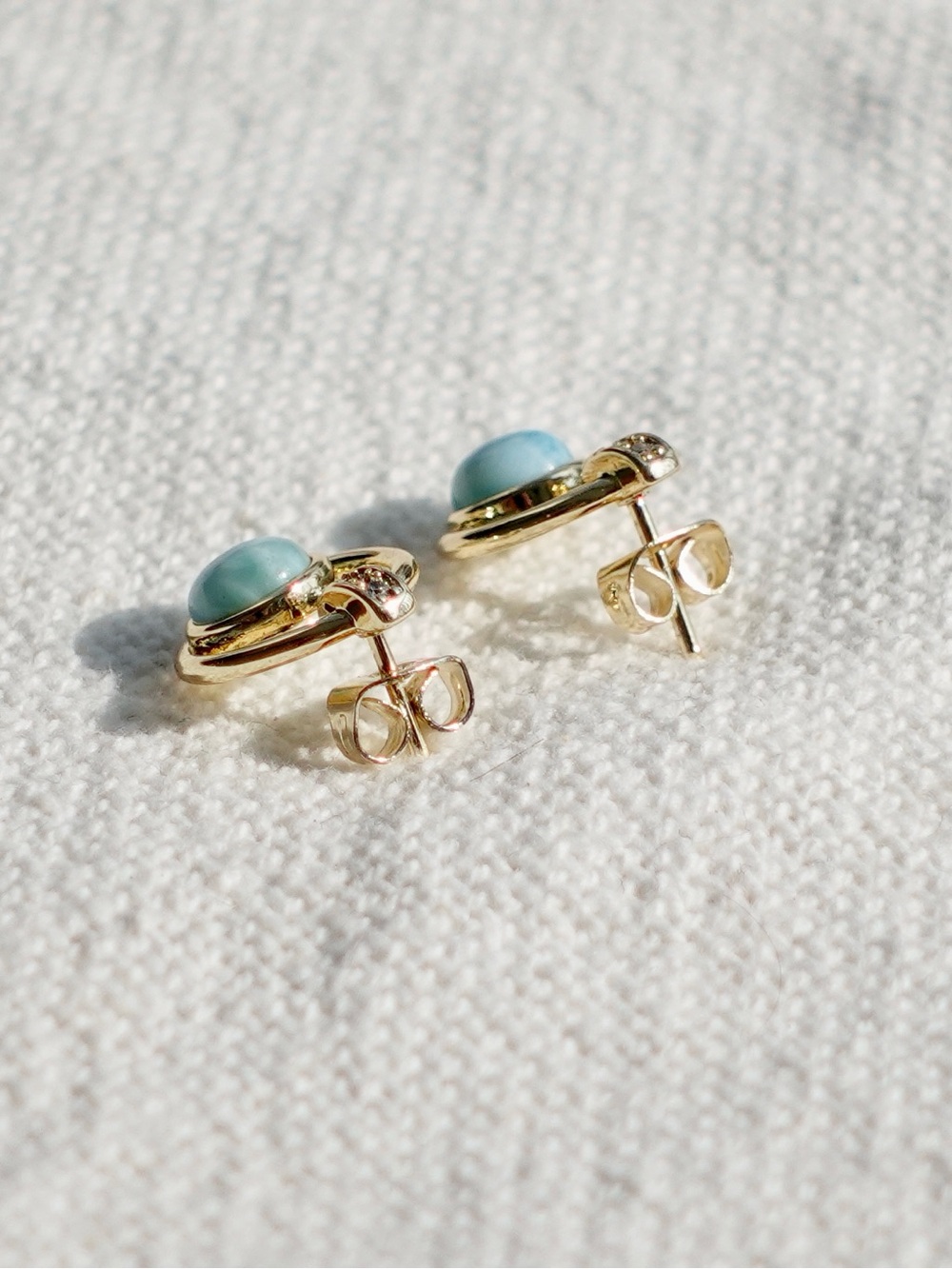 NEW! Gold Plated Stud Earrings with Larimar Stone - Picture 4 of 5